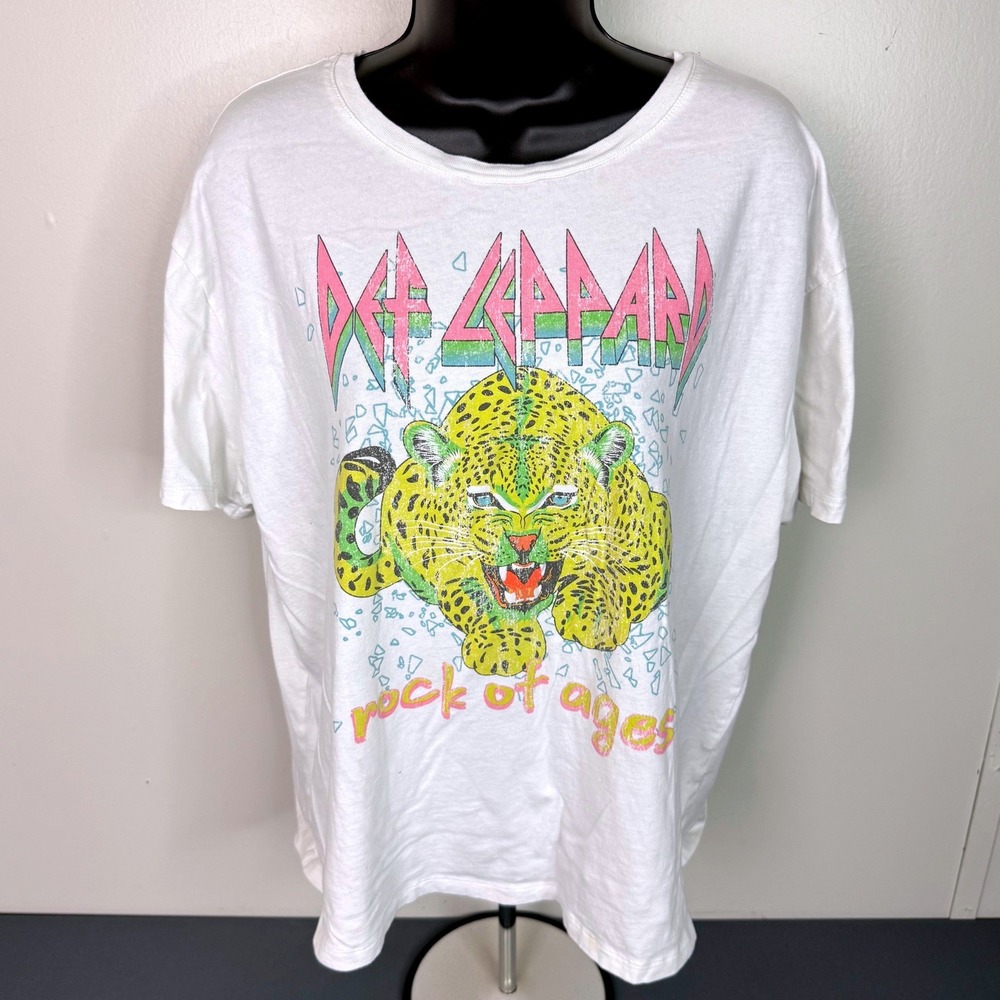 Def Leppard T-Shirt Unisex L Rock of Ages Leopard Graphic White 100% Cotton Tee